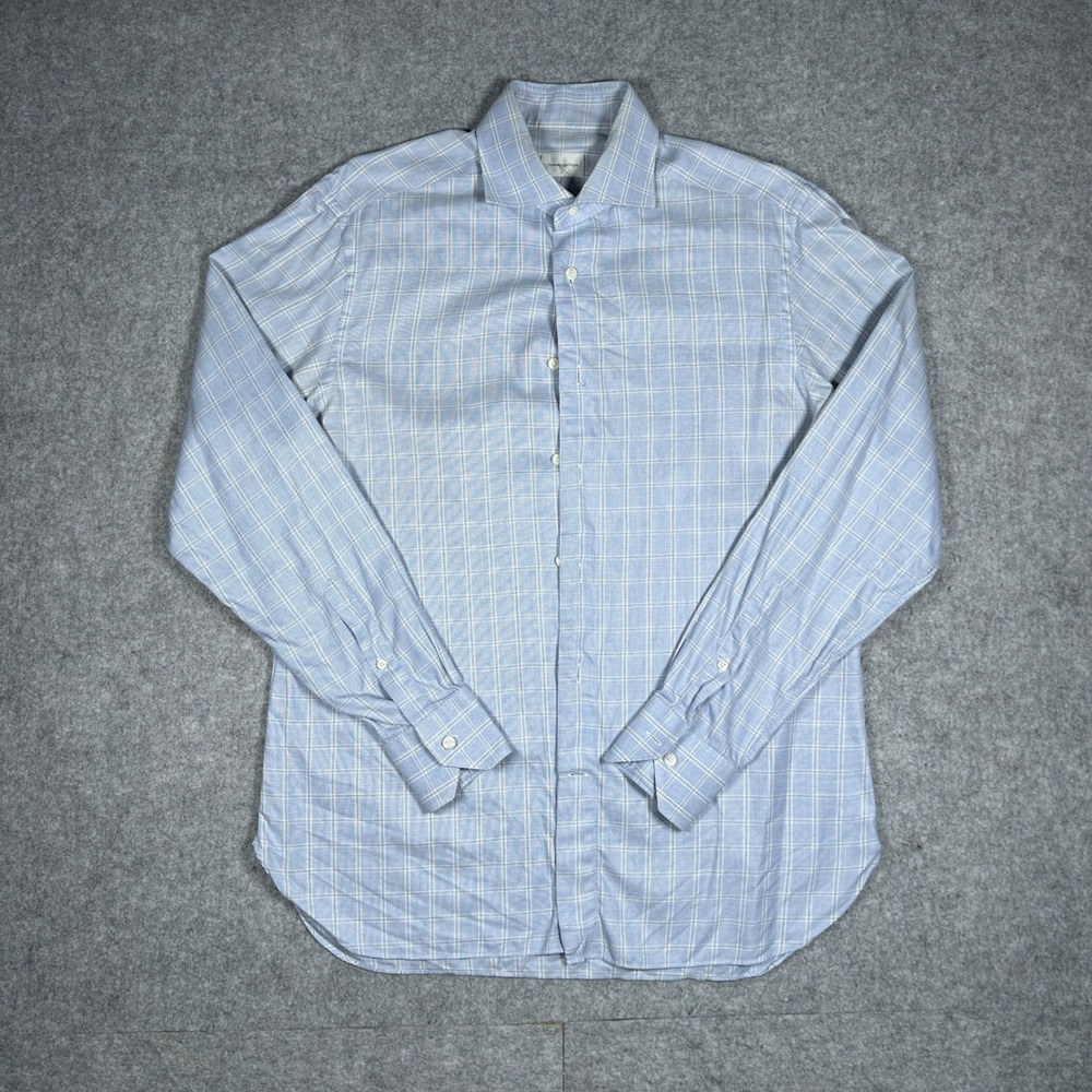 Ermenegildo Zegna Button Down Shirt Mens 16/41 Medium Blue Slim Fit Plaid Luxury